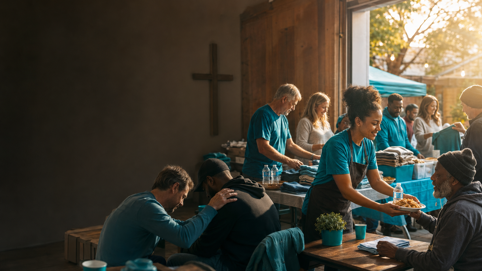 Christians serving food, clothing, water, comfort and prayer in the spirit of Matthew 25