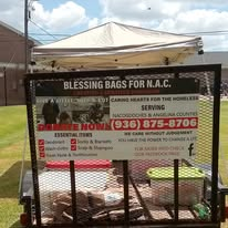 A trailer prepared with blessing bags for community distribution