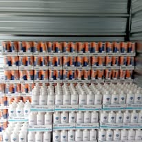 Rows of personal-care products organized for outreach