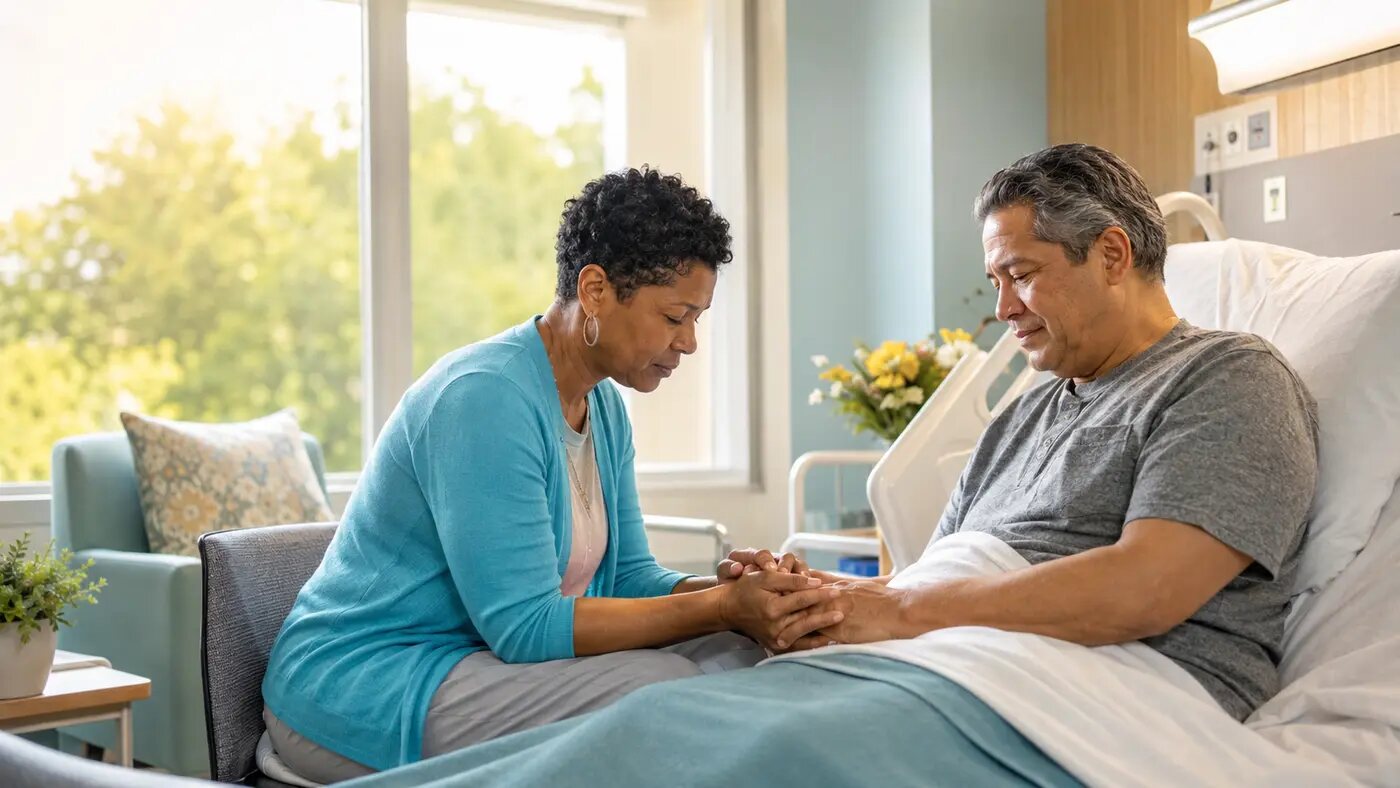 A ministry visitor praying with a patient at the bedside