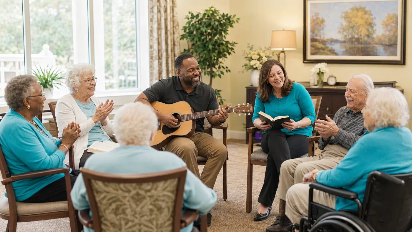 Residents and ministry volunteers sharing joyful Christian fellowship