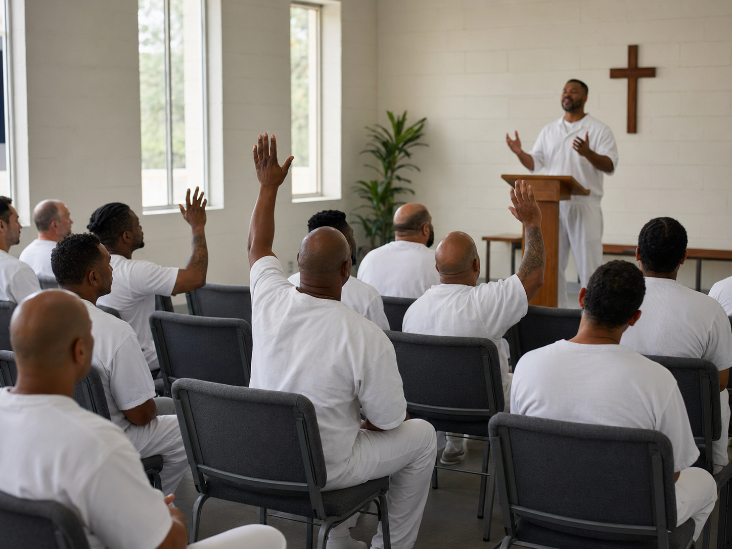 Illustration of a Christian worship service in a prison chapel