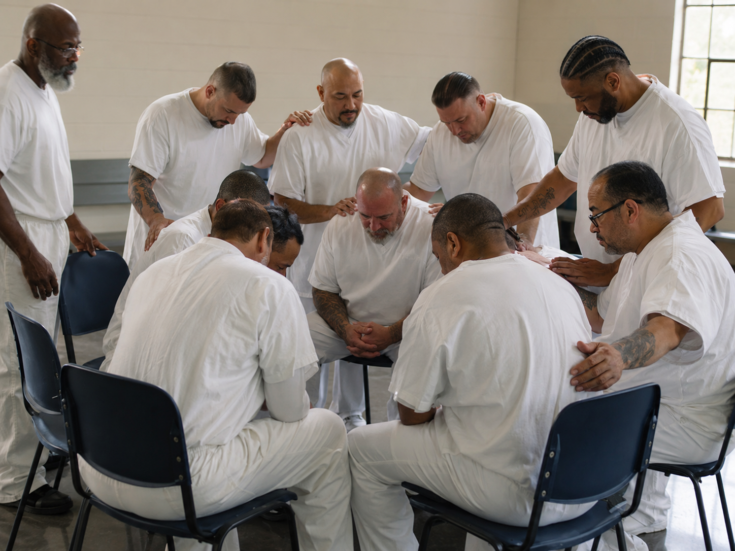 Illustration of incarcerated men praying together in a prison chapel