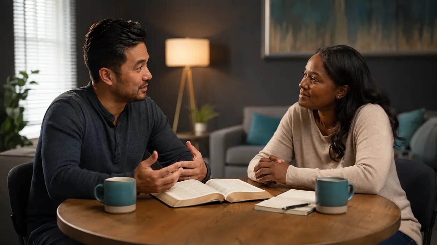 Two people sharing encouragement beside an open Bible