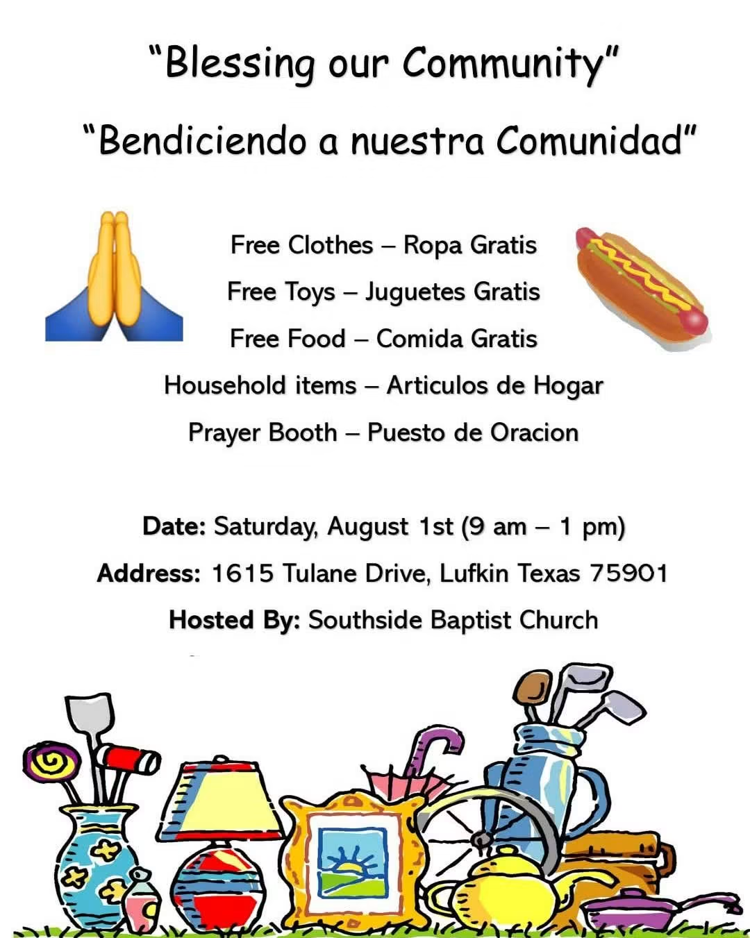 Blessing Our Community outreach event flyer in English and Spanish